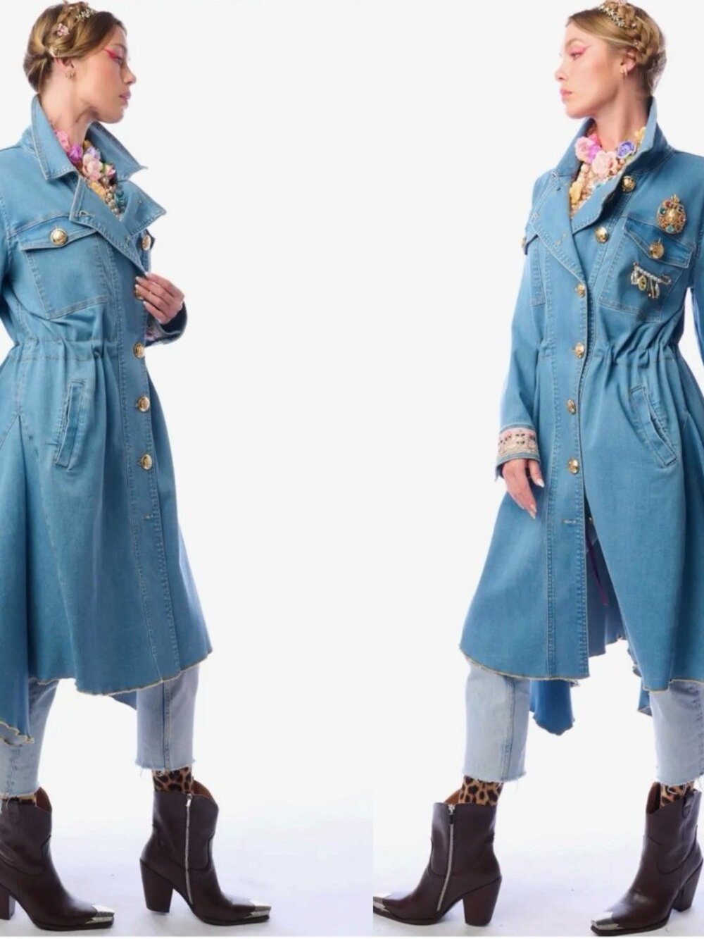 Aratta Monte Carlo Denim Hi-Low Long Coat Blue Decorative Brooch Size S M L - Picture 7 of 15